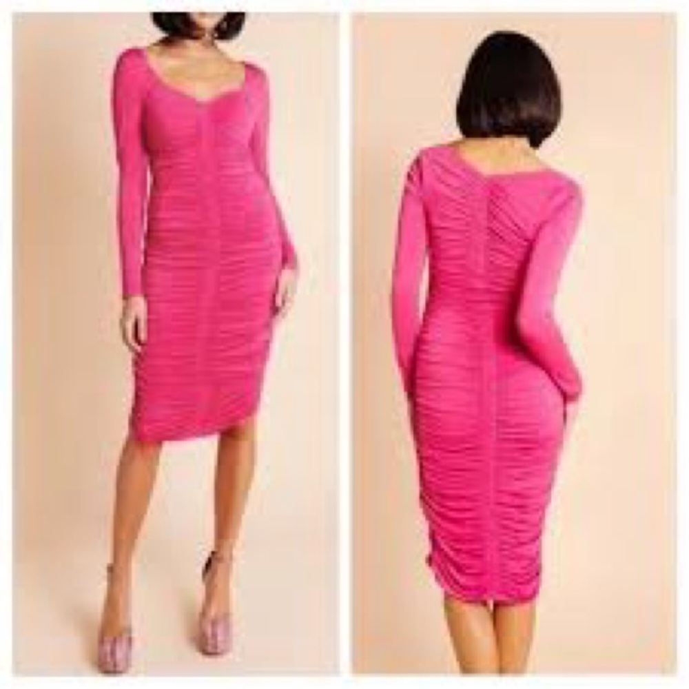 Rachel Parcell Ruched Pink Midi Dress Bodycon Long Sleeve Barbie M